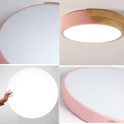 LED Ceiling Light Fixture,16 Inch Modern Wood Recessed Ceiling Lights, Dimmable Light,Pink 24W Close to Ceiling Lighting Flush Mount Living Room Bedroom,3000K-6000K