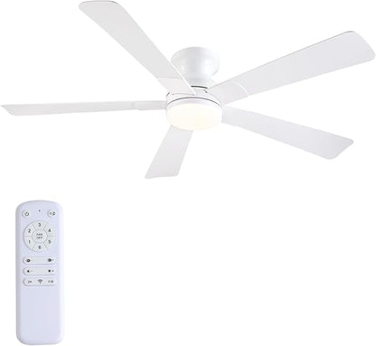 52 inch Ceiling Fans with Lights, White Flush Mount Ceiling Fan with Remote, 3CCT, LED Dimmable, Reversible, 6 Fan Speeds, Quite Low Profile Ceiling Fan with Lights Modern Bedroom Kitchen Indoor