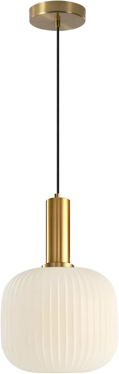 BOKT Pendant Lights Kitchen Island Brass Modern Gold Pendant Light Fixtures 7.9" Vintage Adjustable Height Hanging Lamp with Milk White Glass Shade for Entryway Dining Room Hallway