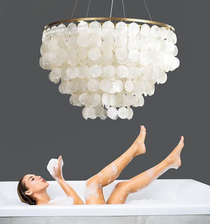 5 Tier Shell Capiz Chandelier, H16'' x D24'' Natural Shell Hanging Ceiling Light Fixtures Seashell Coastal Chandeliers for Living Room(More Additional Shell Parts Included) Gold