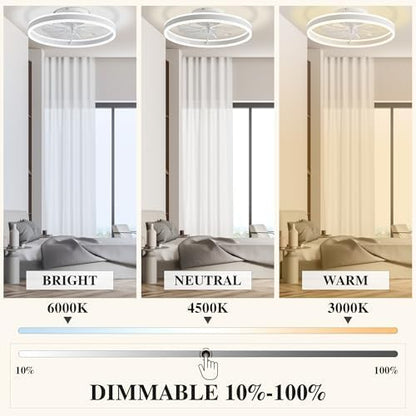 Ceiling Fans with Lights and Remote Fandelier 20''- Low Profile Modern - Flush Mount Ceiling Fans for Bedroom,Stepless Color Temperature and 6 Speeds - White