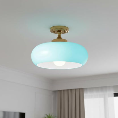 Mid Century Modern Flush Mount Ceiling Light Vinatage 11.02" Blue Glass Shade Brass Finish Ceiling Light Fixture Closet Overhead Light for Bathroom Kitchen Passway