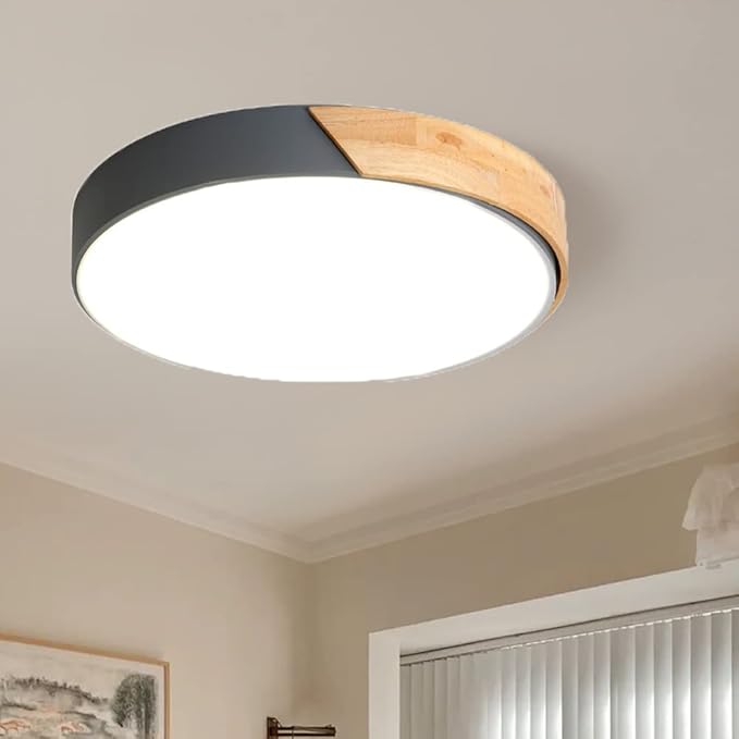 LED Ceiling Light Fixture,16 Inch Modern Wood Recessed Ceiling Lights, Dimmable Light,Grey 24W Close to Ceiling Lighting Flush Mount Living Room Bedroom,3000K-6000K
