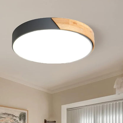 LED Ceiling Light Fixture,16 Inch Modern Wood Recessed Ceiling Lights, Dimmable Light,Grey 24W Close to Ceiling Lighting Flush Mount Living Room Bedroom,3000K-6000K