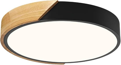 Modern Dimmable Wood Ceiling Light, Minimalist LED 5CCT 2700K-6000K Flush Mount Ceiling Light Fixture, Round Lighting Lamp for Bedroom, Laundry Room, Hallway, Entryway, Black, 11.8"