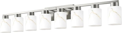 8-Light Bathroom Light Fixtures, Modern Vanity Lights, Brushed Nickel Metal Wall Lamp with White Marble Glass for Bathroom, Mirror, Living Room, Bedroom, Cabinet, Porch, Hallway, E26 Base