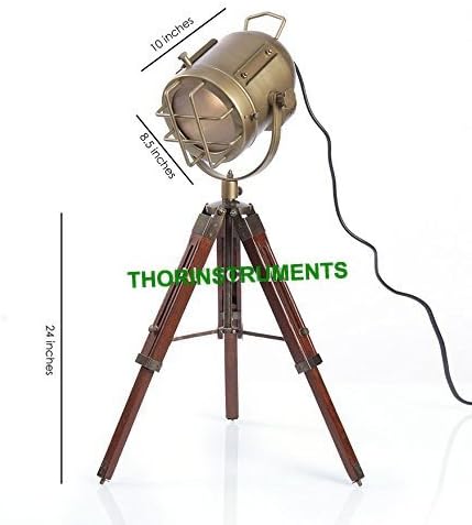THOR INSTRUMENTS Vintage Industrial Style Brown Brass Finish Teak Wood Tripod Table LAMP Rustic Vintage Home Decor Gifts