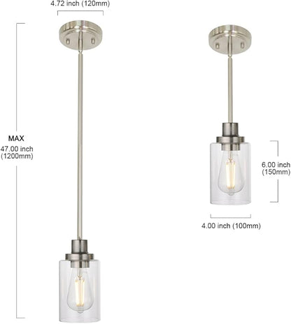 MELUCEE Mini Pendant Lights Brushed Nickel 1-Light with Clear Glass Shade, Contemporary Modern Light Fixtures Ceiling Hanging for Dining Room Kitchen Island Sink
