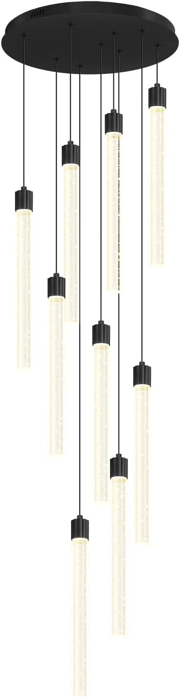 Modern 9-Lights Black Crystal Column Chandeliers for Entrance Dimmable LED Pendant Lighting Hanging Lights for Dining Room Bedroom Foyer Staircase Living Room