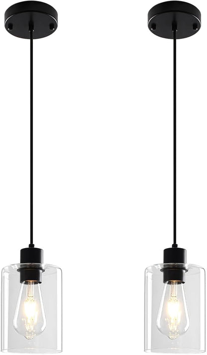2 Pack Black Pendant Lights Kitchen Island, Modern Glass Pendant Lighting Over Island Kitchen Hanging Bathroom Ceiling Light Fixtures Adjustable Pendant Lights for Dining Room Hallway Bedroom
