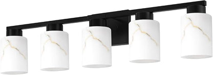 5-Light Bathroom Light Fixtures, Modern Vanity Lights, Black Metal Wall Lamp with White Marble Glass for Bathroom, Mirror, Living Room, Bedroom, Cabinet, Porch, Hallway, E26 Base