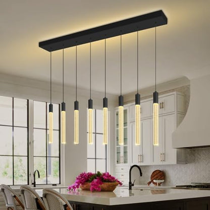8-Light Black Rectangular Crystal Chandelier Modern LED Dimmable Crystal Column Pendant Lighting for High Ceiling Kitchen Island Entryway Living Room