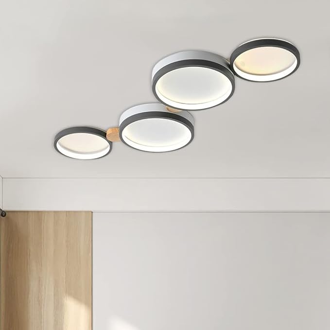 4-Lights LED Ceiling Light Fixture,23 Inch Modern Ceiling Lights Flush Mount Wooden 30W Dimmable Chandelier for Living Room Bedroom Kitchen,3000K/4000K/6000K Temperatures Selectable Grey