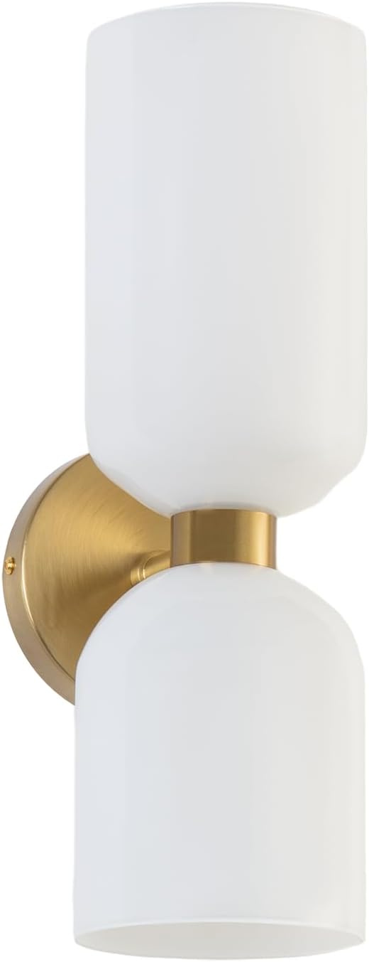 Modern Glass Wall Sconces- Double Head Wall Lighting with Long Short Glass Shades- Bathroom Vanity Light Mid-Century Up Down Hardwired Wall Lamp Indoor for Bedroom Hallway Living (Gold-White)