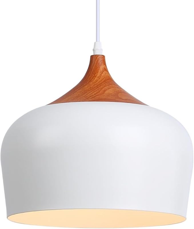 Modern Pendant Light Fxtures Kitchen, Hanging Light Fixtures Ceiling Mount, Wood Metal Shade Pendant Lamp for Dining Room, Bedroom, Living Room, Bathroom, Entryway, Small Chandelier, White