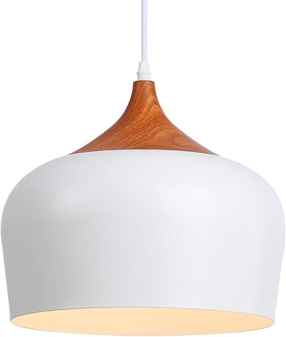 Modern Pendant Light Fxtures Kitchen, Hanging Light Fixtures Ceiling Mount, Wood Metal Shade Pendant Lamp for Dining Room, Bedroom, Living Room, Bathroom, Entryway, Small Chandelier, White