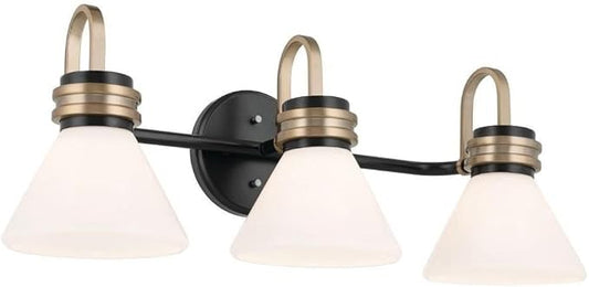 Kichler Farum 26 in 3-Light Bathroom Vanity Light Fixture with Opal Glass in Black with Champagne Bronze Accents for Modern Bathrooms and Powder Rooms (26 in W x 9.5 in H x 9.5 in D) 55155BK