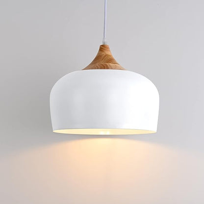 Modern Solid Wood Pendant Light,Ceiling Hanging Lamp with Dome Metal Shade,Adjustable Light Fixture for Kitchen Island,Dining Room- White