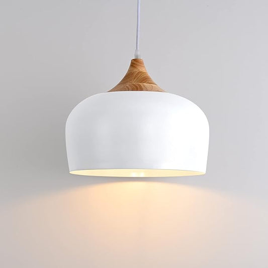 Modern Solid Wood Pendant Light,Ceiling Hanging Lamp with Dome Metal Shade,Adjustable Light Fixture for Kitchen Island,Dining Room- White