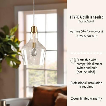 Ink+Ivy Auburn Pendant Kitchen Lighting for Dining Room, Industrial Lights, Hand-Blown Glass Bell Shaped Pendant Light for Kitchen Island, Foyer, Bedroom, 13" Dia x 95.5" H, Gold/Clear