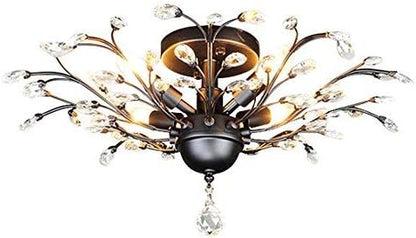 SEOL-Light 24.5" Dia 4-Light Vintage Crystal Branch Close to Ceiling Light Fixture Black Chandelier Flush Mount,E12,160W,for Bedroom,Kitchen,Living Room;