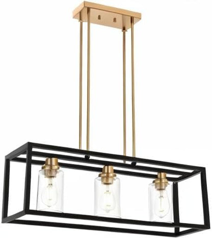 MELUCEE Dining Room Light, Island Lights for Kitchen Modern Chandeliers Rectangle Black 3 Lights, Linear Pendant Ceiling Lighting Fixture with Clear Glass Shade and Brass Socket, E26 Base