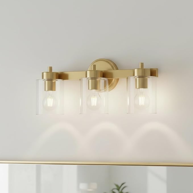 Ken & Ricky Brushed Gold Wall Sconce Light, 3 Light Modern Fixture for Bathroom, Vanity Mirror Light Kitchen Living Room Hallway, E26 Bulb Base Clear Shade