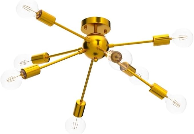 LynPon Gold Ceiling Light Fixture, 8 Lights Plating Golden Sputnik Semi Flush Mount Ceiling Lights, Brass Chandelier Kitchen Mid Century Lighting Fixture for Living Dining Room Bedroom Hallway