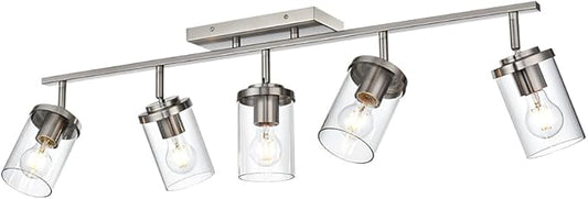 BONLICHT Modern 5-Light Track Lighting Fixture Flush Mount Brushed Nickel Wall Mount Track Lights Kit Industrial Kitchen Ceiling Spot Light Indoor Bathroom Fixture Vanity Lights with Clear Glass Shade