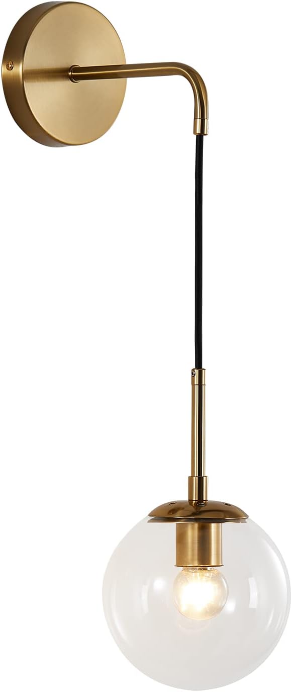 BOKT Mid Century Modern Globe Wall Sconce Lighting Brushed Brass Gold Bathroom Wall Lights Clear Bubble Glass Ball Wall Light Fixture Lamp Bedroom Bedside Wall Light (Gold+Clear)