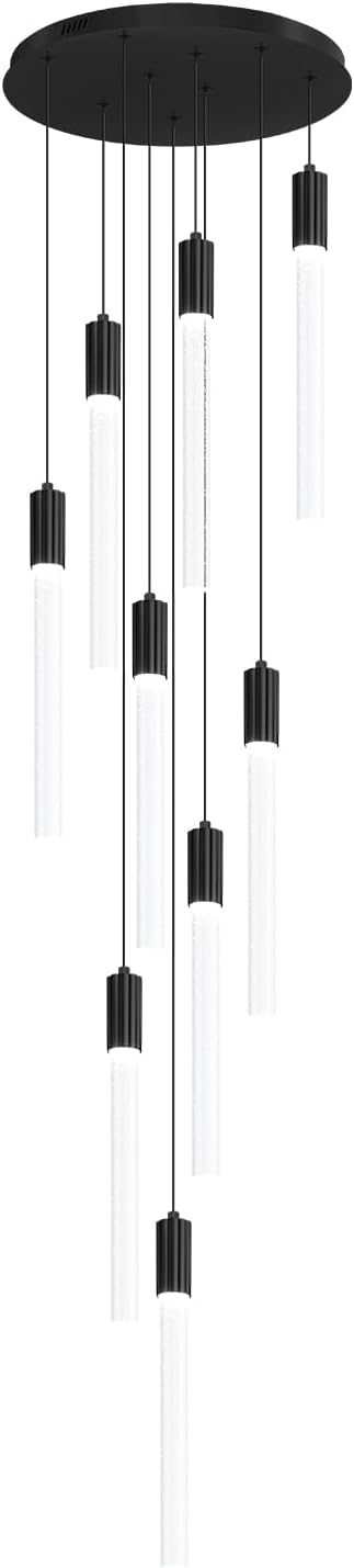 Modern 9-Light Crystal Chandelier – 98" High Ceiling Design Black Dimmable LED Pendant Light for Foyer Living Room Hallway Staircase