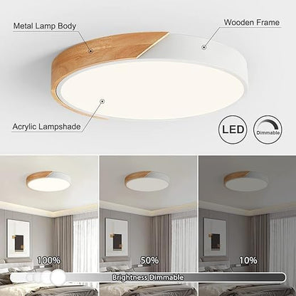 Modern Dimmable Wood Ceiling Light, Minimalist LED 5CCT 2700K-6000K Flush Mount Ceiling Light Fixture, Round Lighting Lamp for Bedroom Living Room Dining Room Laundry, White, 15.8"