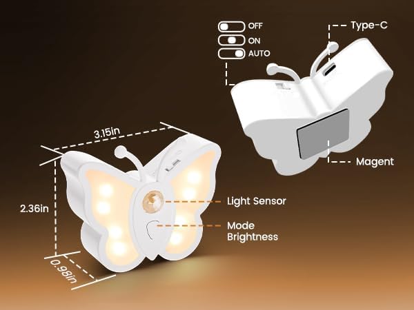 LOFTEK Rechargeable Motion Sensor Light, RGB Color Change & Dimmable Wall Night Light, Cute Butterfly Light for Kids' Bedroom, Bathroom, Hallway, Tent, Stairs, Camping - Gift, Black of 4