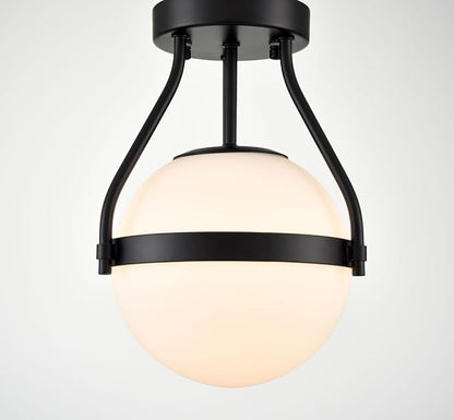 HOLKIRT Modern Globe Semi Flush Mount Ceiling Light,Black Ceiling Light Fixture with Opal Glass 7Inch/18CM,Mid Century Kitchen Light Fixtures Hallway Light Fixtures Ceiling for Bedroom Kitchen