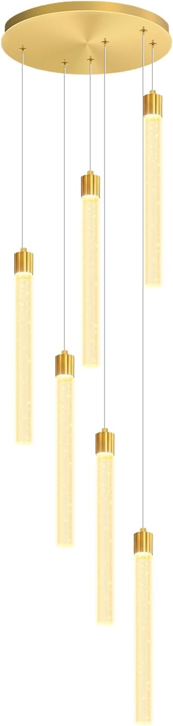 6-Light Modern Gold Crystal Chandelier for Spiral Staircase High Ceiling Chandeliers Bubble Crystal Chandelier Lighting Cluster Hanging Light Fixture for Living Room Foyer