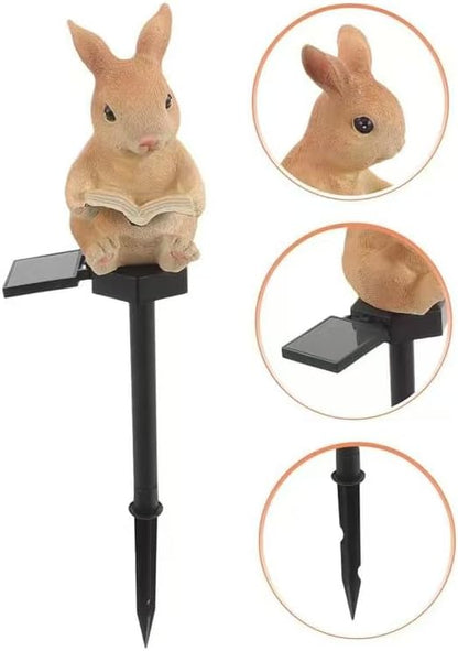 Solar Powered Rabbit Reading Lights, Garden Decorative Resin Cute Animal Ground lamp, Wireless Dusk to Dawn LED Lights Waterproof.