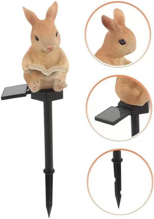 Solar Powered Rabbit Reading Lights, Garden Decorative Resin Cute Animal Ground lamp, Wireless Dusk to Dawn LED Lights Waterproof.
