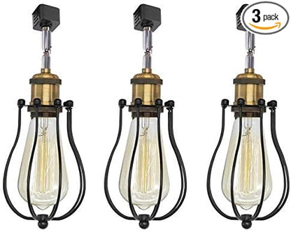 Kiven Vintage Wire Cage Semi Track Lighting Heads Compatible with Single Circuit Juno Type Track Lighting, Industrial Black Metal Caged Track Rail Light Fixture 3-Pack