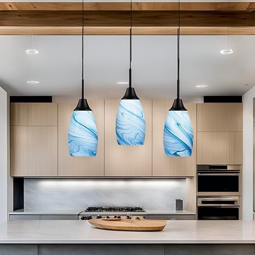 Viinew Mini Glass Pendant Light 4.72" with Handblown Blue Marble Art Glass Hanging Light 3-Pack Oval Ceiling Hanging Light Fixture for Dining Room Kitchen Island Cafe Foyer Hallway