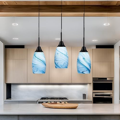 Viinew Mini Glass Pendant Light 4.72" with Handblown Blue Marble Art Glass Hanging Light 3-Pack Oval Ceiling Hanging Light Fixture for Dining Room Kitchen Island Cafe Foyer Hallway