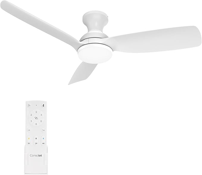 Consciot Ceiling Fan, 44 Inch Ceiling Fan With Lights Remote Control, White Low Profile Modern Flush Mount, Reversible Quiet DC Motor, 6 Speed, Dimmable, For Indoor and Covered Outdoor