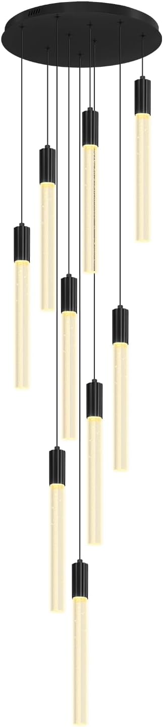 Modern 9-Light Crystal Chandelier – 98" High Ceiling Design Black Dimmable LED Pendant Light for Foyer Living Room Hallway Staircase