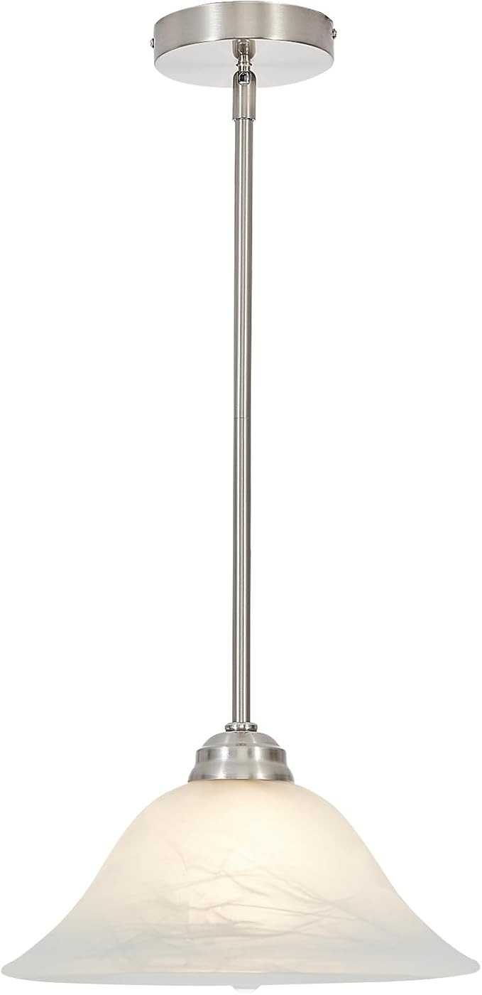Modern Alabaster Glass Pendant Light Adjustable Rod Pendant Lighting Fixture for Kitchen Sink Bar Dining Room, 12“D (Brushed Nickel)