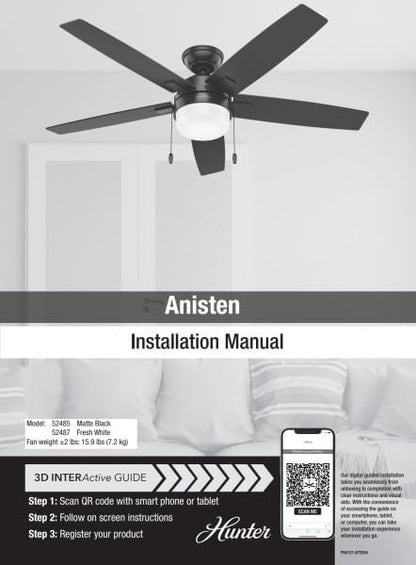 Hunter 52 inch Indoor Ceiling Fan with LED Light - White Ceiling Fan with Pull Chain, for Bedroom or Living Room, Standard Mount, No Remote, 5 Blades, Includes Bulbs - Anisten 52487, Fresh White