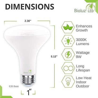 Bioluz LED Grow Light Bulbs, Full Spectrum 3000K BR30 Floodlight Bulbs for Indoor Plants, 9W, Low Heat & Energy Efficient, 2-Pack