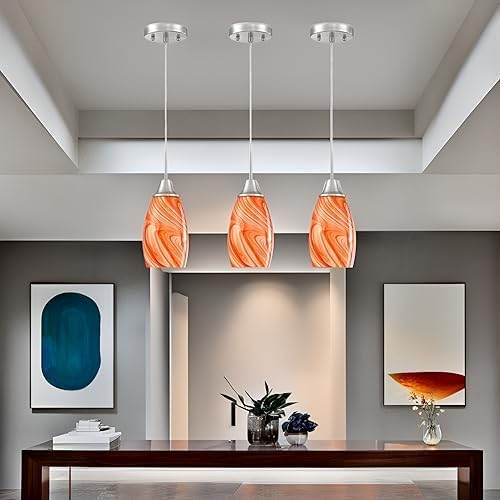Viinew Mini Glass Pendant Light 4.72" with Handblown Orange Marble Art Glass Hanging Light 3-Pack Oval Ceiling Hanging Light Fixture for Dining Room Kitchen Island Cafe Foyer Hallway