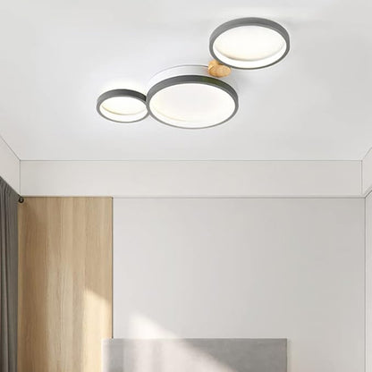 3-Lights LED Ceiling Light Fixture,22 Inch Modern Ceiling Lights Flush Mount Wooden 20W Dimmable Chandelier for Living Room Bedroom Kitchen,3000K/4000K/6000K Temperatures Selectable Grey