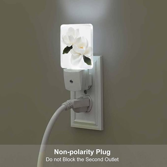 Magnolia Flower Night Light Plug-into Wall White Flowers and Green Leaves Nightlight Lamp with Dusk to Dawn Sensor, Led Lamp 0.5W Energy Efficient for Home Decor