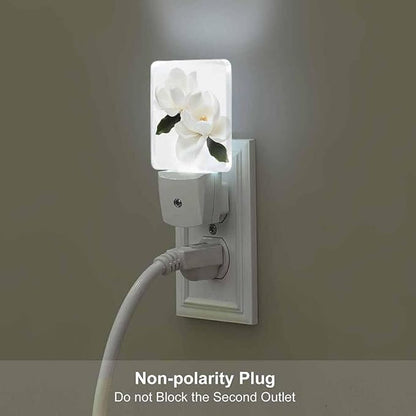 Magnolia Flower Night Light Plug-into Wall White Flowers and Green Leaves Nightlight Lamp with Dusk to Dawn Sensor, Led Lamp 0.5W Energy Efficient for Home Decor