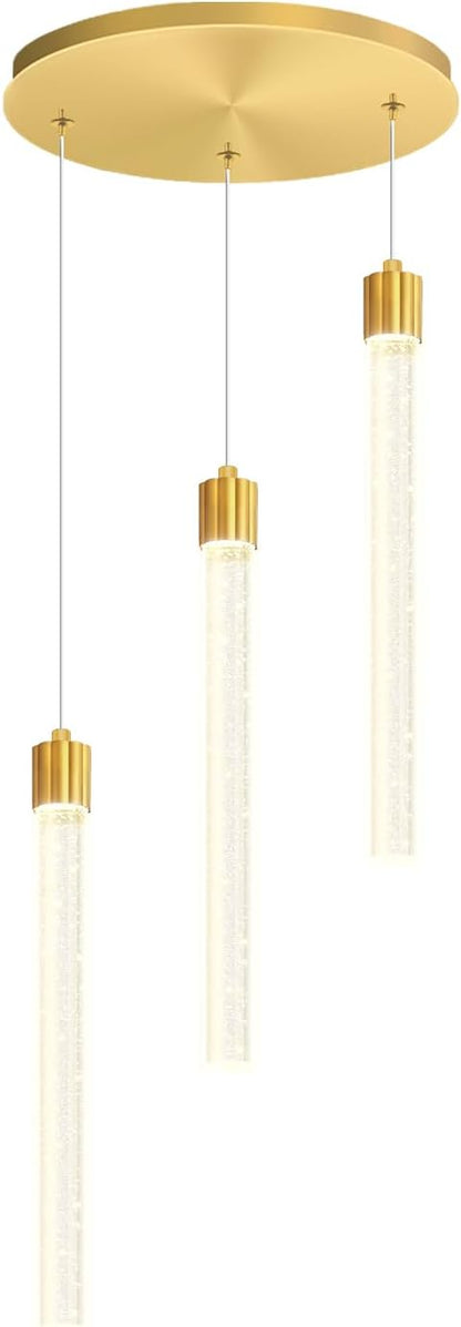 Led Crystal Column Chandelier for Dining Room 3-Light Gold LED Pendant Light for Kitchen Island Foyer Entryway Dimmable Hanging Pendant Lighting 2700K-6000K